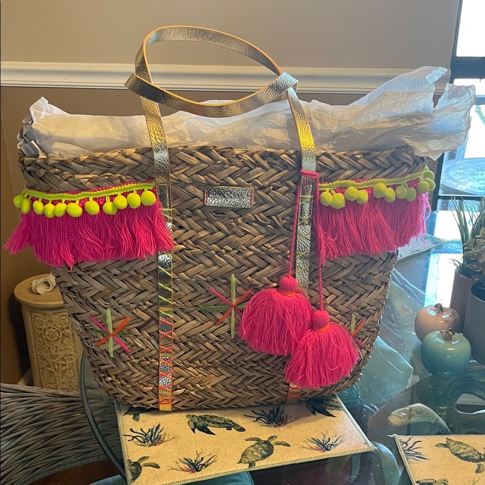 Woven Straw Tote with Hot Pink Tassels